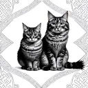 Grey russian Blue smooth fur cat sitting next to tabby patterned grey maine coon cat on a celtic patterned background tattoo design idea