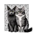 Grey russian Blue smooth fur cat sitting next to tabby patterned grey maine coon cat on a celtic patterned background tattoo design idea