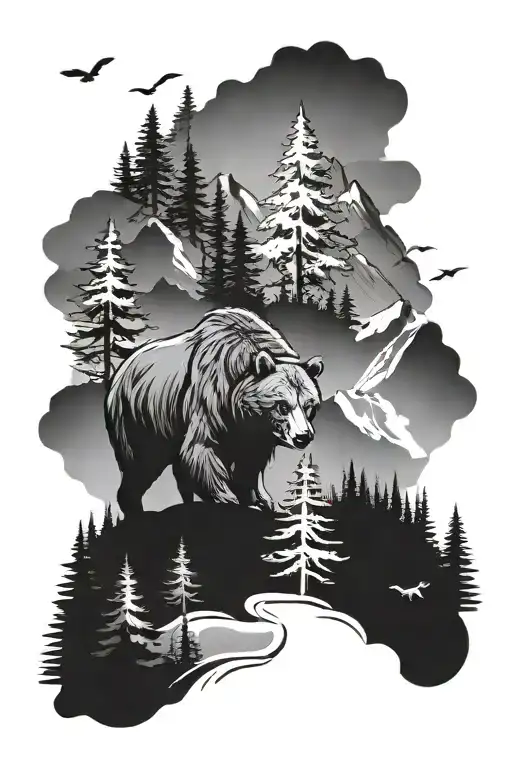 mountain and trees background with bear and elk tattoo design idea