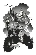 mountain and trees background with bear and elk tattoo design idea
