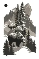 mountain and trees background with bear and elk tattoo design idea