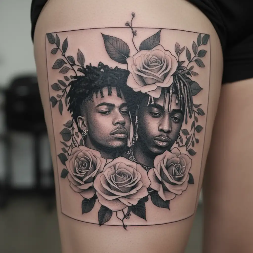 Juice WRLD and XXXTentacion with roses and vines with popular quotes from both artists tattoo design idea