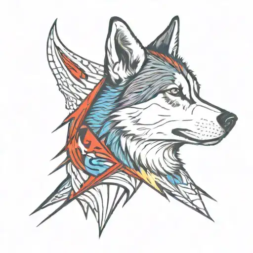 outline of a husky face with david bowie's red and blue lightning bolt in front tattoo design idea