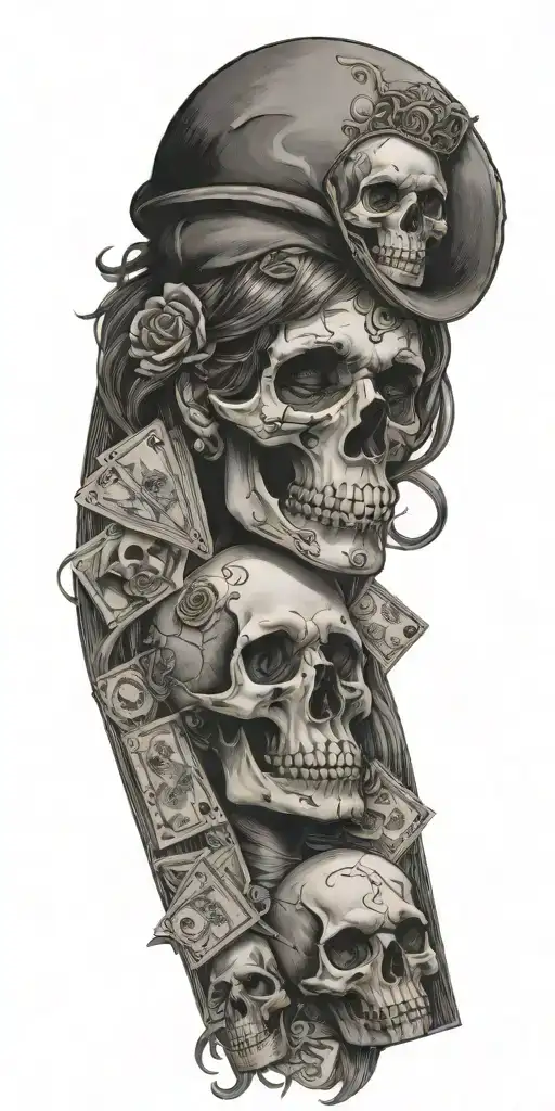 a girl, playing cards,money and a skull tattoo design idea