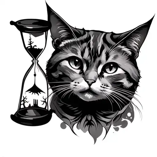 neo traditional cat with hourglass and haunted trees  tattoo design idea