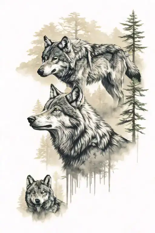 two wolves in a forest landscape tattoo design idea