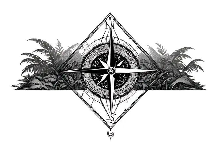 large compass surrounded by intricate geometric rainforest, black and white, triangle frame tattoo design idea