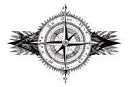 large compass surrounded by intricate geometric rainforest, black and white, triangle frame tattoo design idea