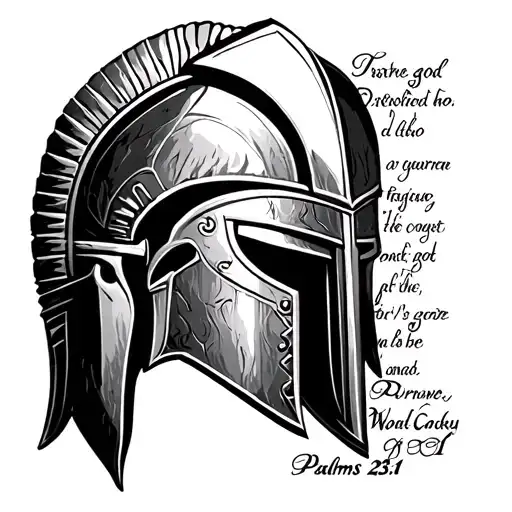 Warrior of god with spartan helmet and Bible verse Psalms 23:1 tattoo design idea