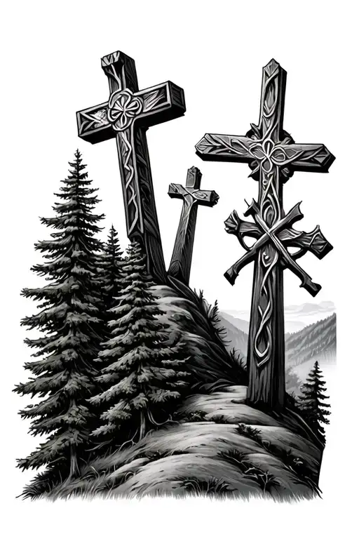 3 crosses on a hill, with the valley below full of evergreen trees tattoo design idea