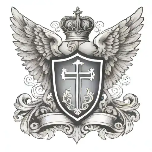 Coat of arms with wings of dove and cross and Father on top , equal tattoo design idea