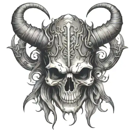 sad Skull with horns bahamut head tattoo design idea