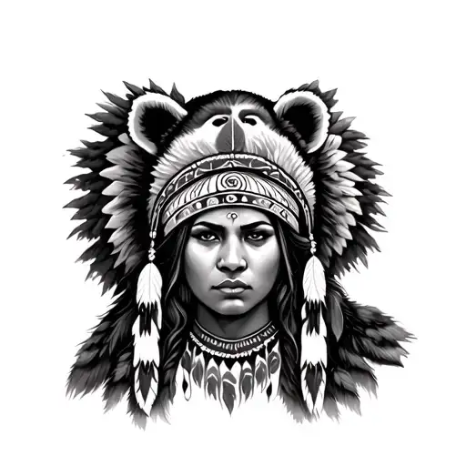 Native American woman with Bear headdress tattoo design idea