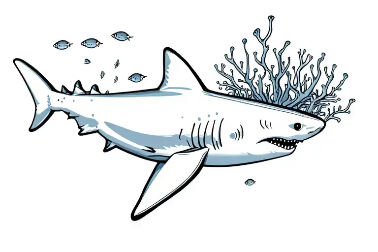 Shark in reef steep, dropping floor with coral and tiny fish tattoo design idea