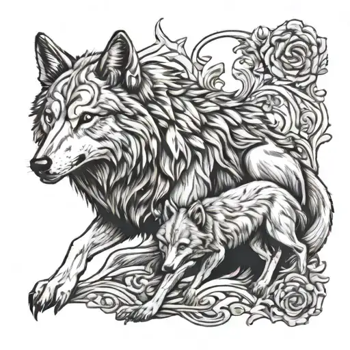 Sigma Wolf with Child hurt and is healing on blood tattoo design idea