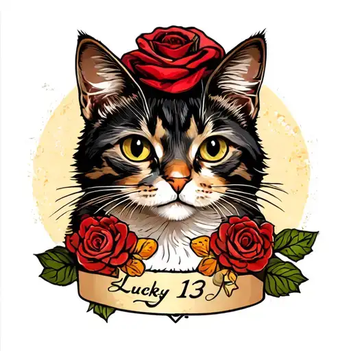 Lucky 13 cat old school tattoo design idea