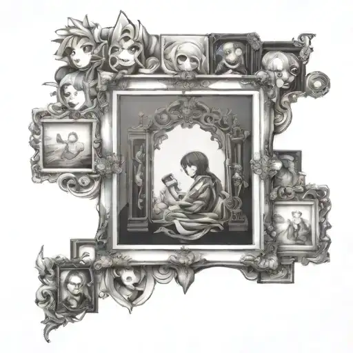 overlapping picture frames with anime characters inside tattoo design idea