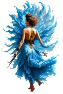 young woman warrior dancer from behind.  she is powerful. fabric flows from her dress to make her appear to float tattoo design idea