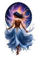 young woman warrior dancer from behind.  she is powerful. fabric flows from her dress to make her appear to float tattoo design idea