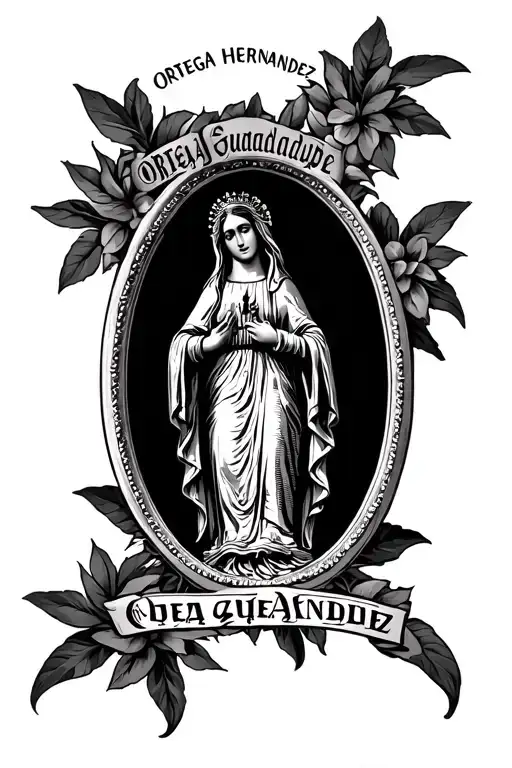 a traditional virgen de Guadelupe within an oval frame. "ORTEGA HERNANDEZ" in old english around the oval frame tattoo design idea