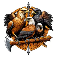 three birds sitting on horizontal viking axe. Birds are golden eagle, bald eagle, raven. Nordic tattoo design idea