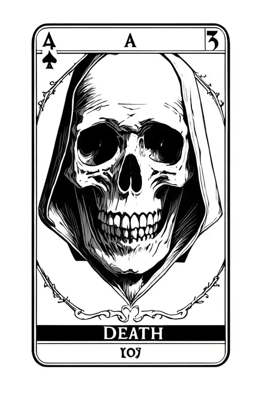 Minimalist blackwork tattoo: inside a tarot card frame, a hooded skull (Death) with the cranium clearly visible despite  tattoo design idea