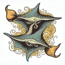 two sting rays radiating light, one of the sting ray has a cursive B and the other has a cursive R on it  tattoo design idea