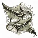 two sting rays radiating light, one of the sting ray has a cursive B and the other has a cursive R on it  tattoo design idea