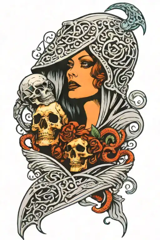 hooded skull reaper holding beautiful medusa woman by her chin and almost kissing her. both facing each other  tattoo design idea
