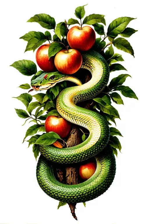 a snake is coiled around the trunk of the garden of eden tree with apples tattoo design idea