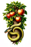 a snake is coiled around the trunk of the garden of eden tree with apples tattoo design idea