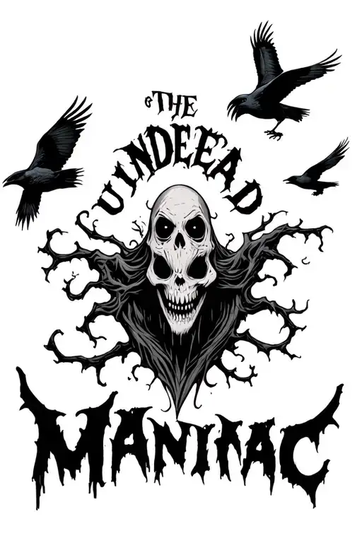 the undead maniac word with crows flying around tattoo design idea