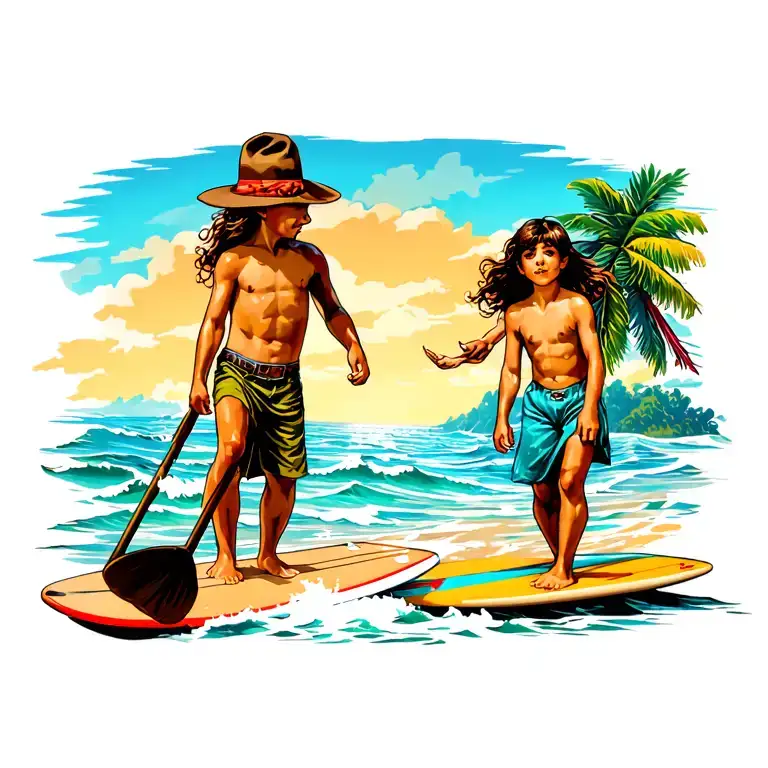 2 boys and one girl surf beach scene sea tattoo design idea