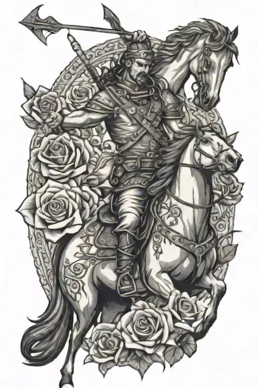 man with bow and arrow on horse with roses and hearts  tattoo design idea
