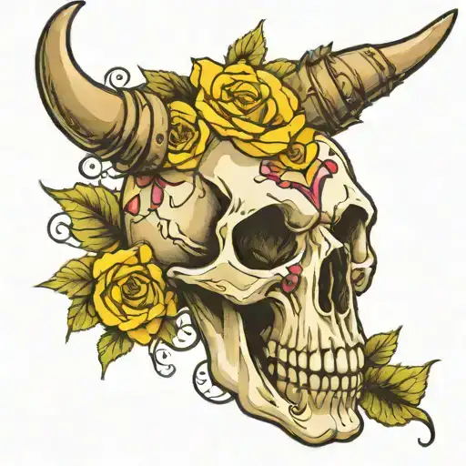 Longhorn skull with rose, 630 and yellow accents inspired tattoo design idea