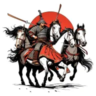 fierce samurai on horses leaving battle with a decapitate head tattoo design idea