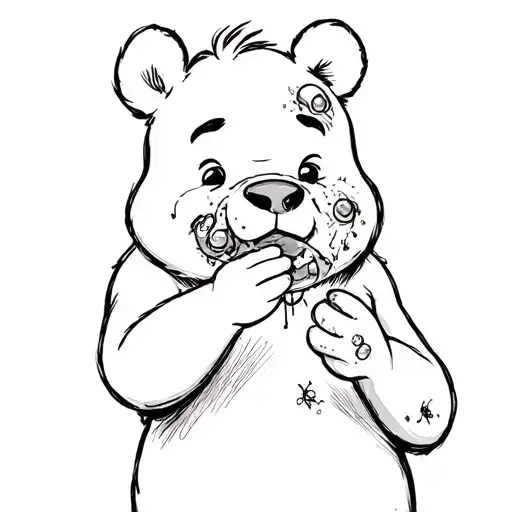 Winnie the Pooh enjoys eating honey, but his face is covered in bruises and wounds from bee stings tattoo design idea