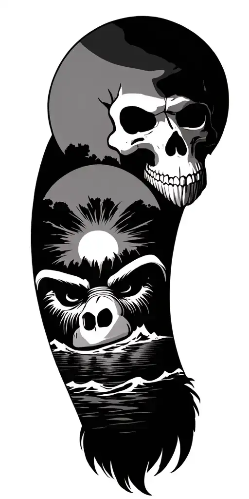 Cartoon skull + japanese sun setting + donkey kong + dark pit + ganondorf + threes & sea tattoo design idea