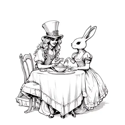 gothic undead Alice in wonderland tea party with mad hatter Alice and the white rabbit  tattoo design idea