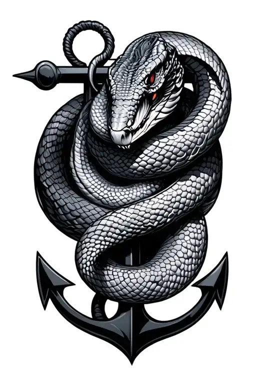 Tattoo Description: Clean, Minimalist Cobra Wrapped Around an Anchor (Black & Grey)The design features a sleek, modern  tattoo design idea