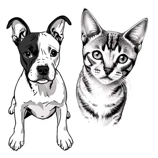 A Staffordshire Terrier puppy with cropped ears and a grey British Shorthair cat, side by side, with detail tattoo design idea