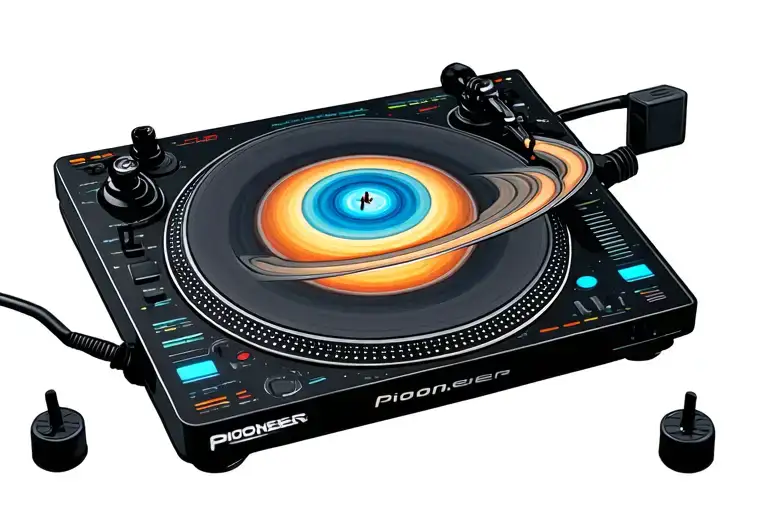dj cdj pioneer turntable with Saturn planet tattoo design idea