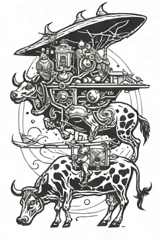 cow abduction scene with intricate alien tattoo design idea