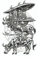 cow abduction scene with intricate alien tattoo design idea