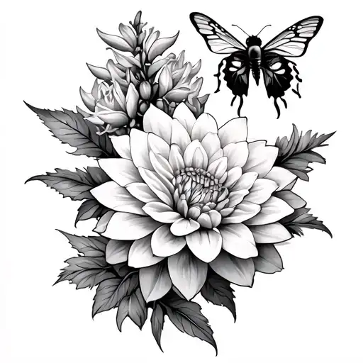 dahlia, butterfly, bee, and hyacinth flower tattoo tattoo design idea