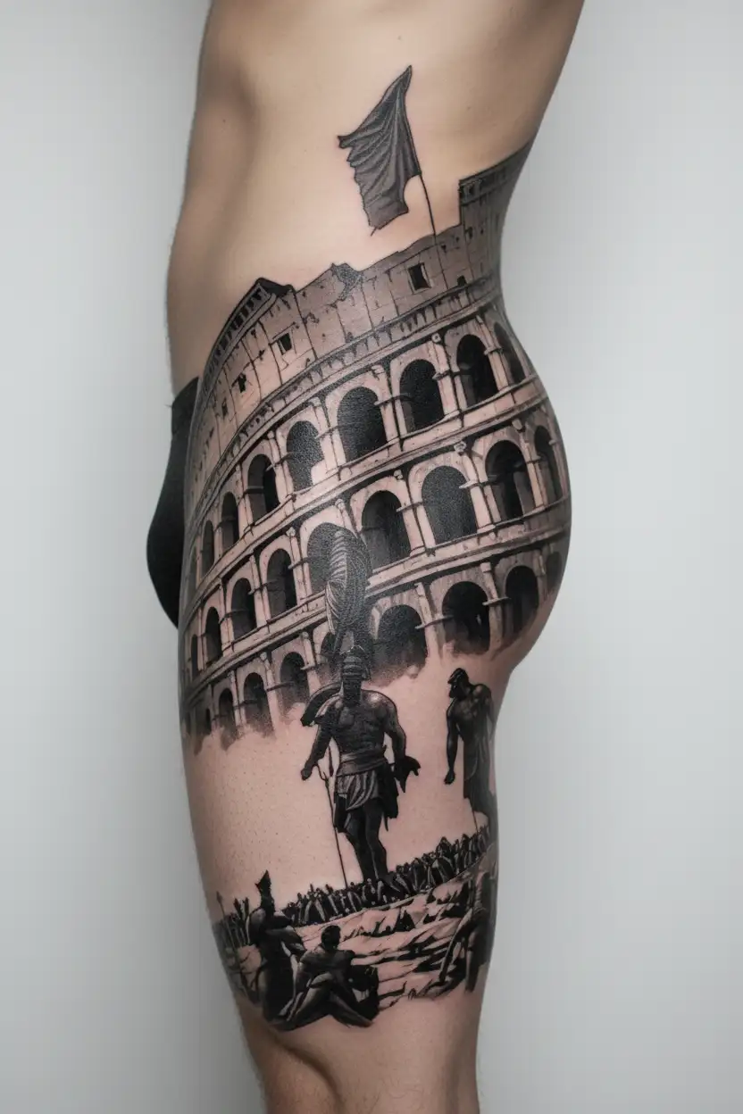 Roman colosseum surrounded by gladiators tattoo design idea
