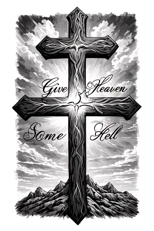 western sky background with a cross and in script writing the words Give Heaven Some Hell  tattoo design idea