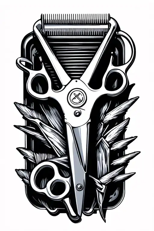 Barber machine in the middle of an open barber scissors with the tips up tattoo design idea