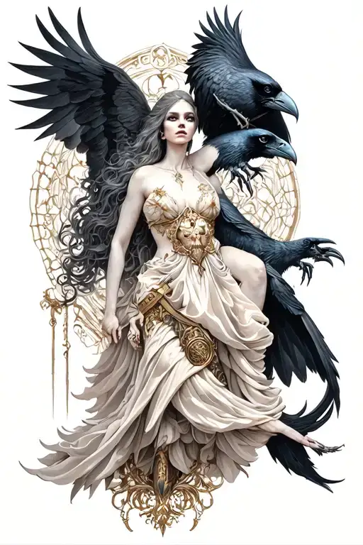 morrigan god of death with raven surrounded tattoo design idea