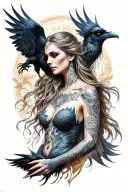 morrigan god of death with raven surrounded tattoo design idea